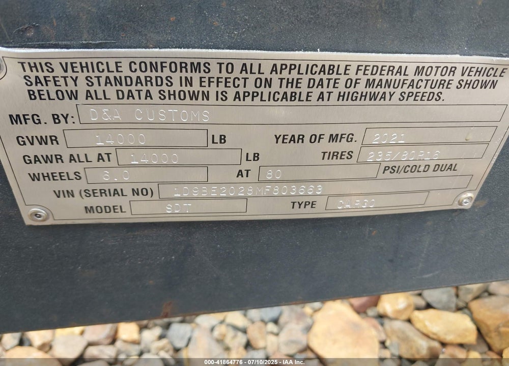 2021 D AND A CUSTOM 8.5X20TA5 ENCLOSED TRAILER VIN: 1D9BE2028MF803663