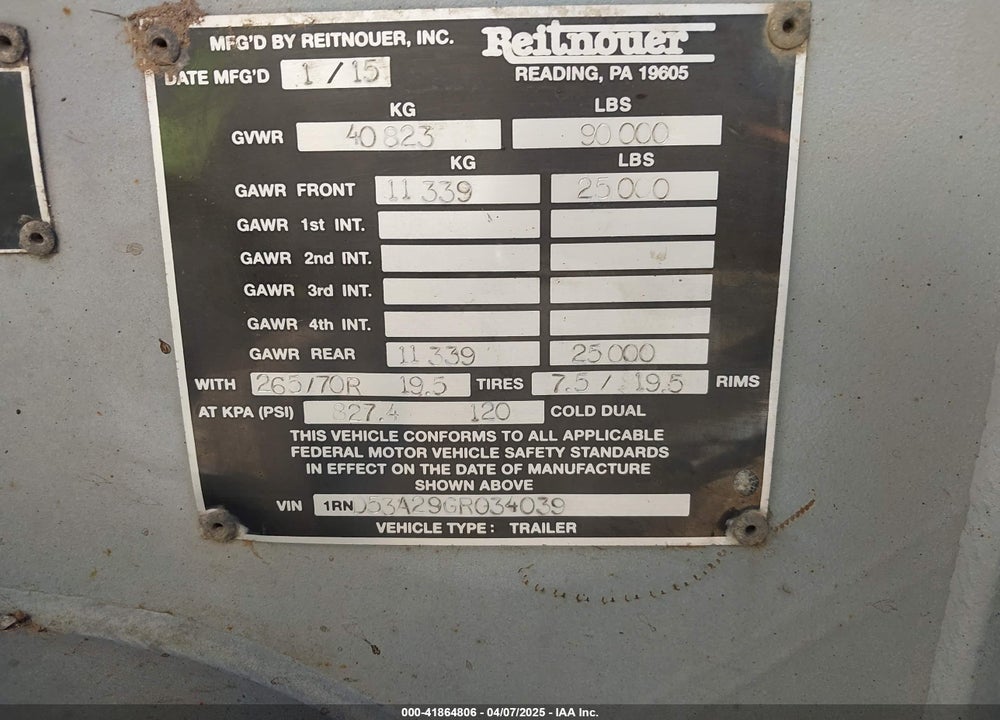 2016 REITNOUER TRAILER VIN: 1RND53A29GR034039