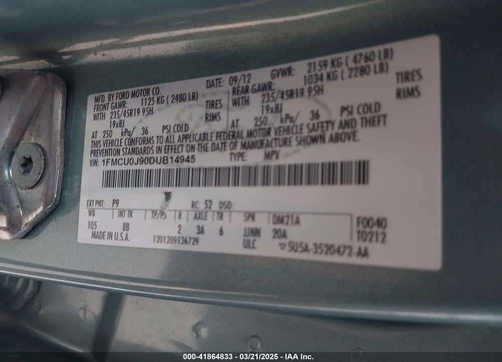 2013 FORD ESCAPE VIN: 1FMCU0J90DUB14945