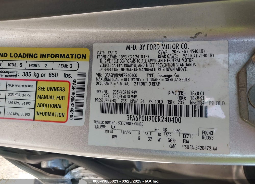 2014 FORD FUSION VIN: 3FA6P0H90ER240400