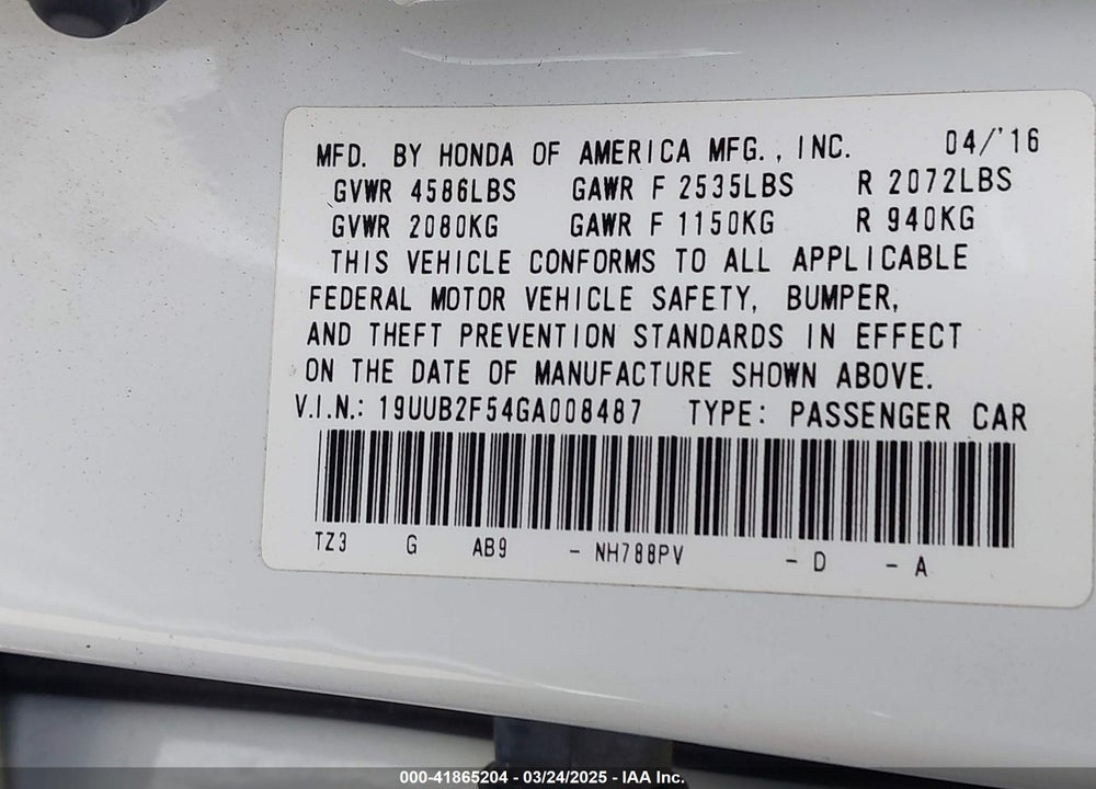 2016 ACURA TLX VIN: 19UUB2F54GA008487