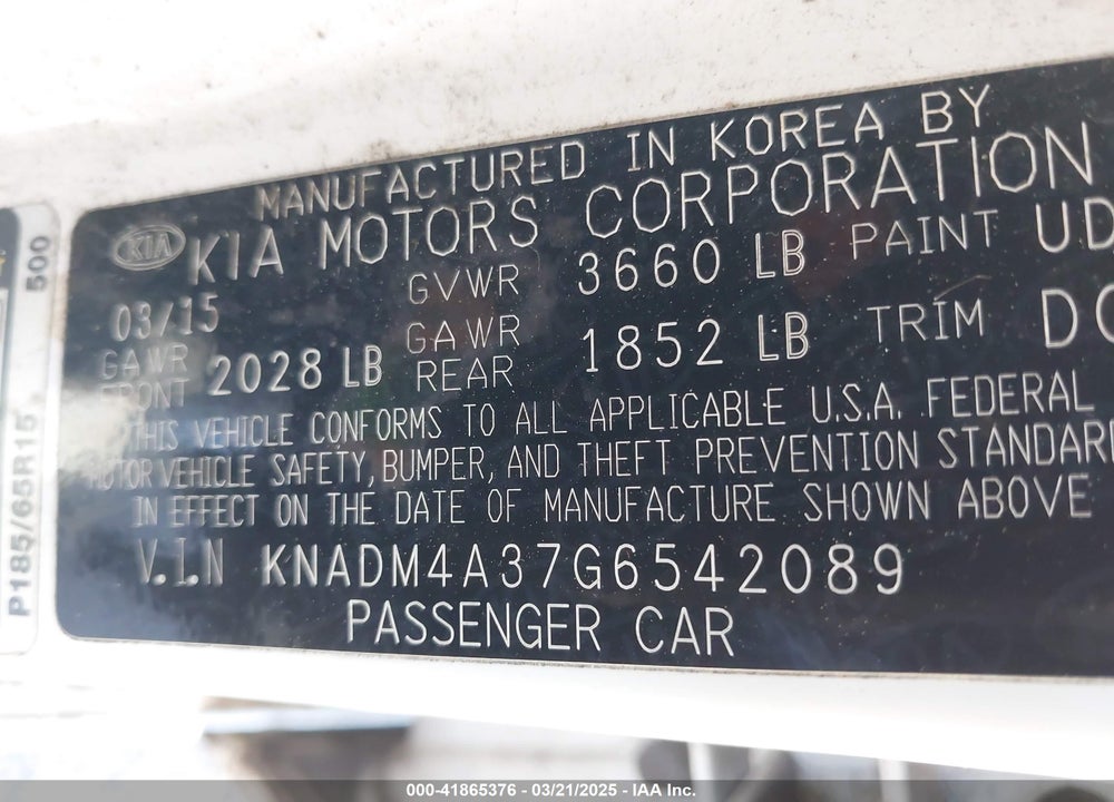 2016 KIA RIO VIN: KNADM4A37G6542089