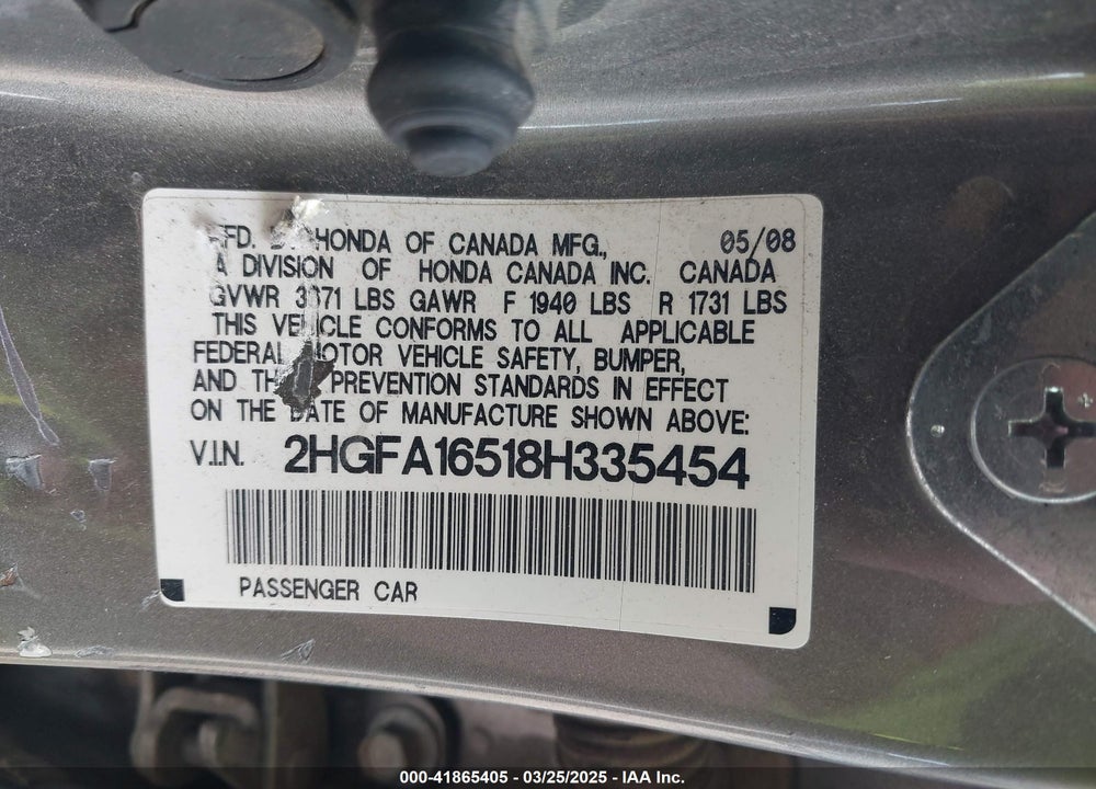 2008 HONDA CIVIC VIN: 2HGFA16518H335454