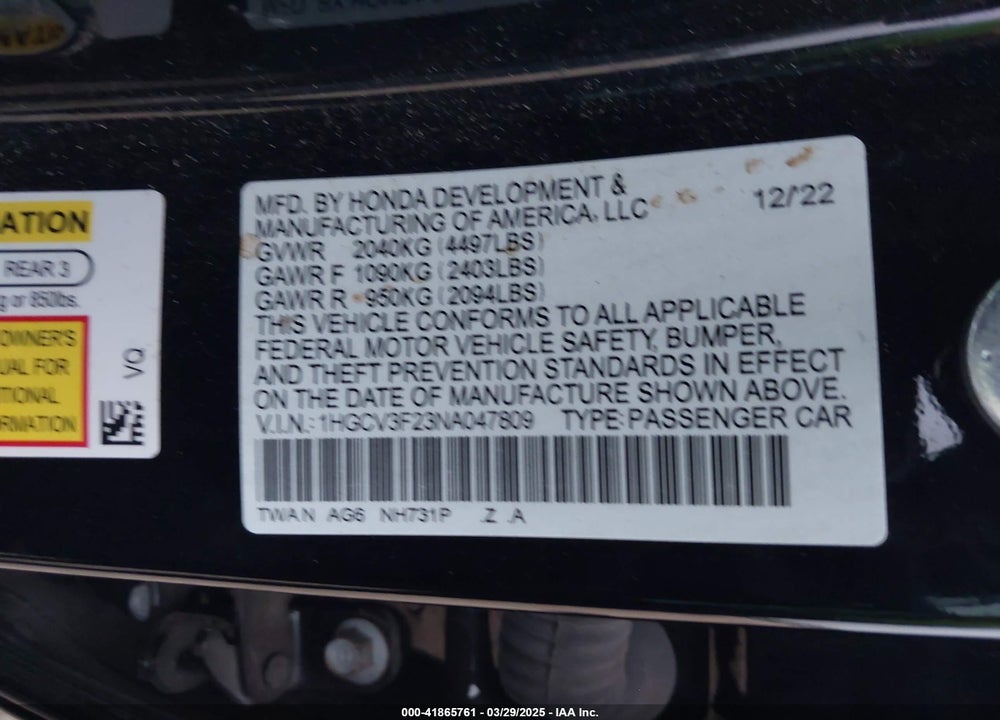 2022 HONDA ACCORD HYBRID SPORT VIN: 1HGCV3F23NA047809