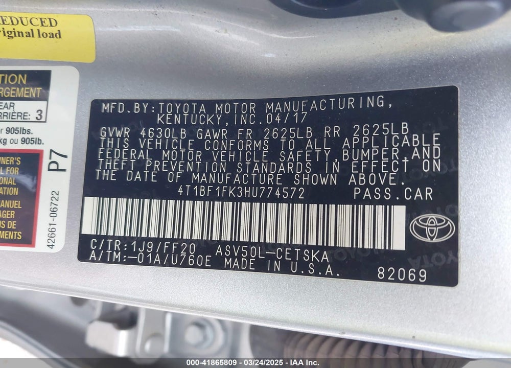 2017 TOYOTA CAMRY VIN: 4T1BF1FK3HU774572