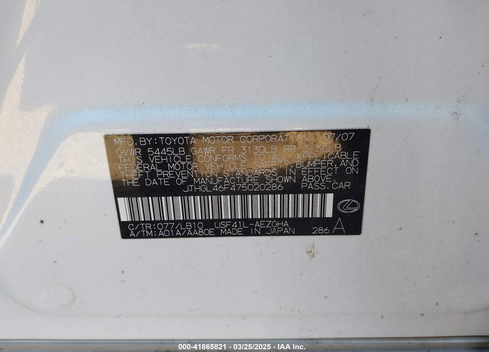 2007 LEXUS LS VIN: JTHGL46F475020286