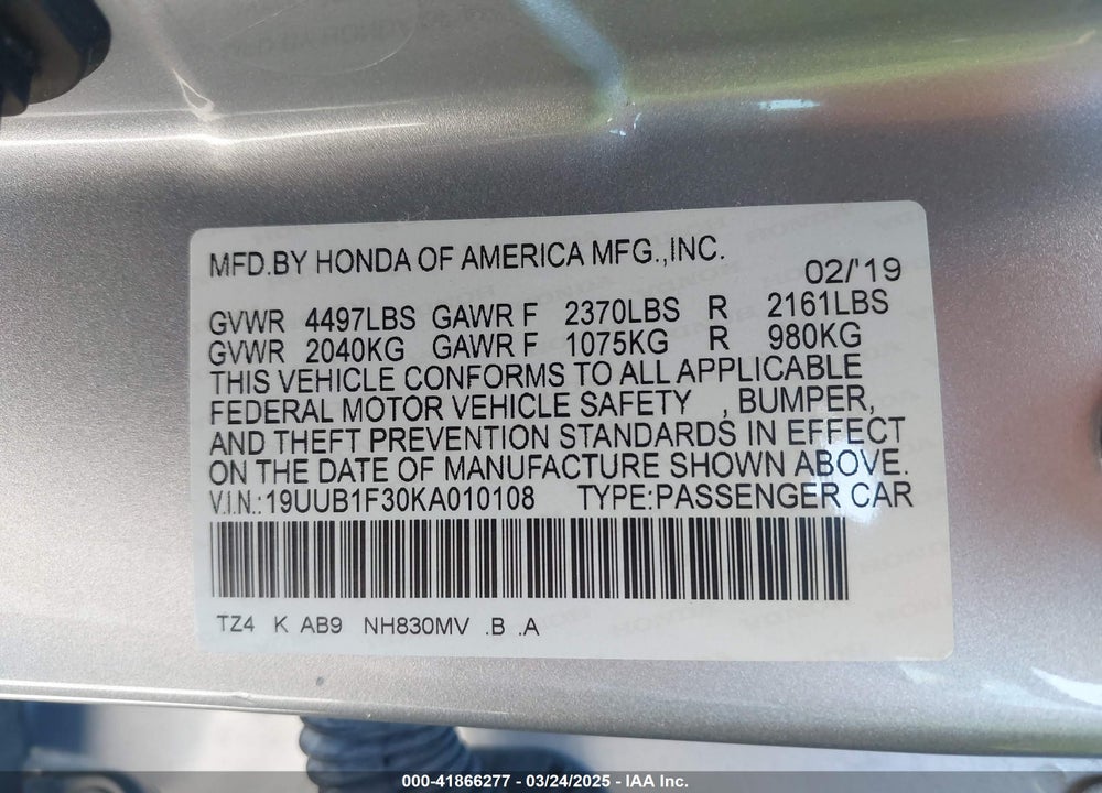 2019 ACURA TLX VIN: 19UUB1F30KA010108