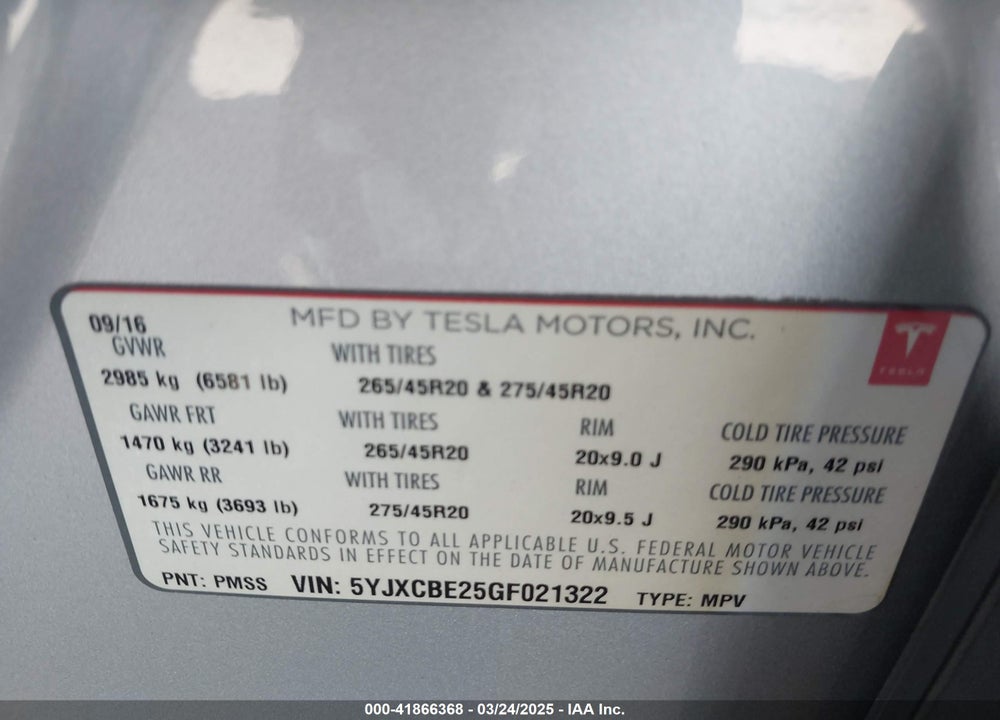 2016 TESLA MODEL X VIN: 5YJXCBE25GF021322
