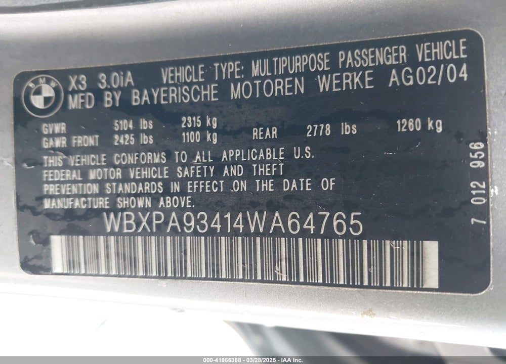 2004 BMW X3 3.0I VIN: WBXPA93414WA64765