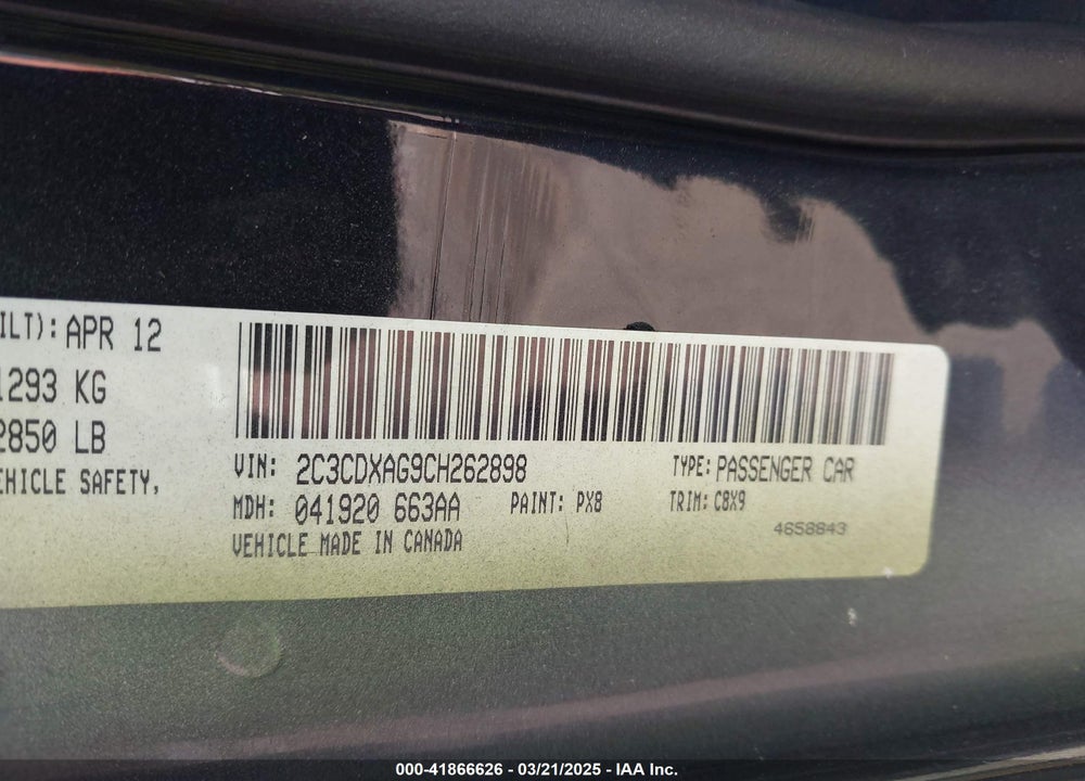 2012 DODGE CHARGER POLICE VIN: 2C3CDXAG9CH262898