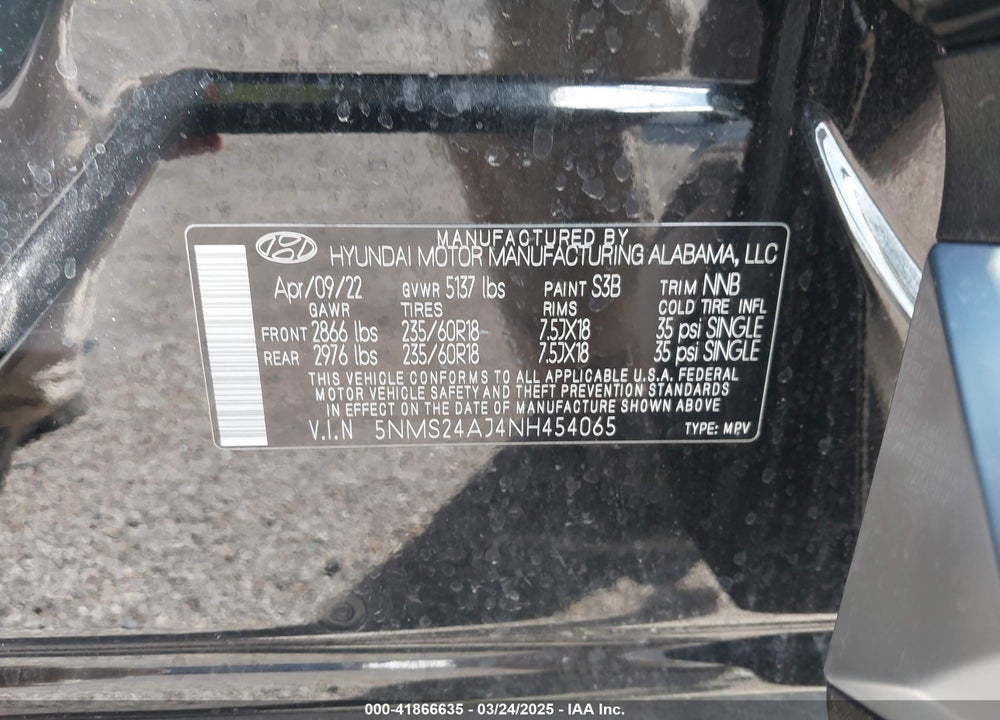 2022 HYUNDAI SANTA FE SEL VIN: 5NMS24AJ4NH454065