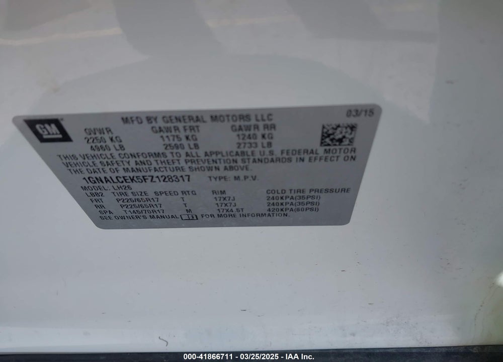 2015 CHEVROLET EQUINOX 1LT VIN: 2GNFLFEK4F6417062