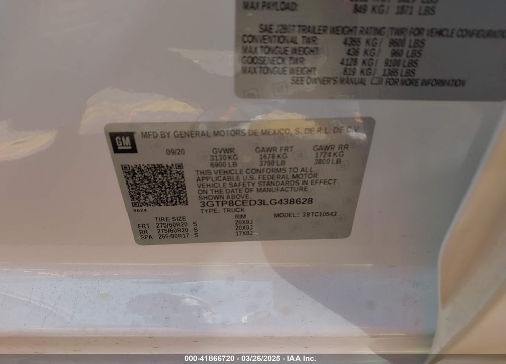 2020 GMC SIERRA 1500 VIN: 3GTP8CED3LG438628