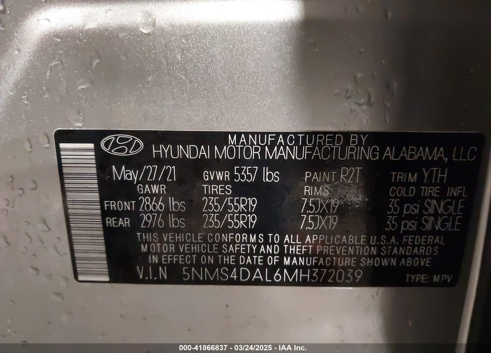 2021 HYUNDAI SANTA FE LIMITED VIN: 5NMS4DAL6MH372039