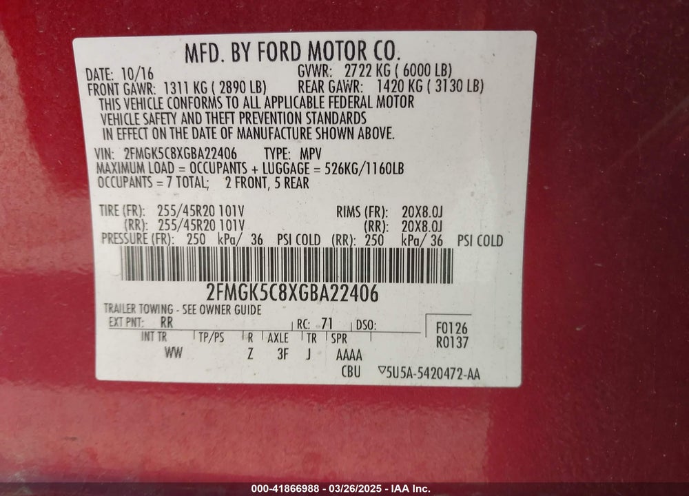 2016 FORD FLEX SEL VIN: 2FMGK5C8XGBA22406