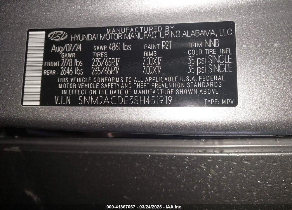 2025 HYUNDAI TUCSON VIN: 5NMJACDE3SH451919