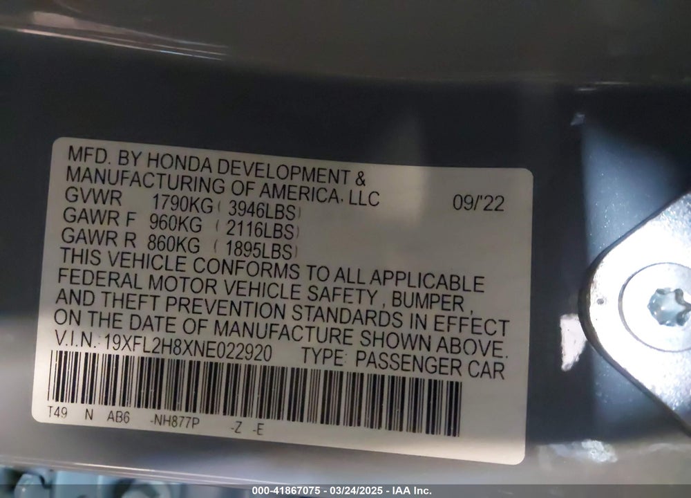 2022 HONDA CIVIC VIN: 19XFL2H8XNE022920