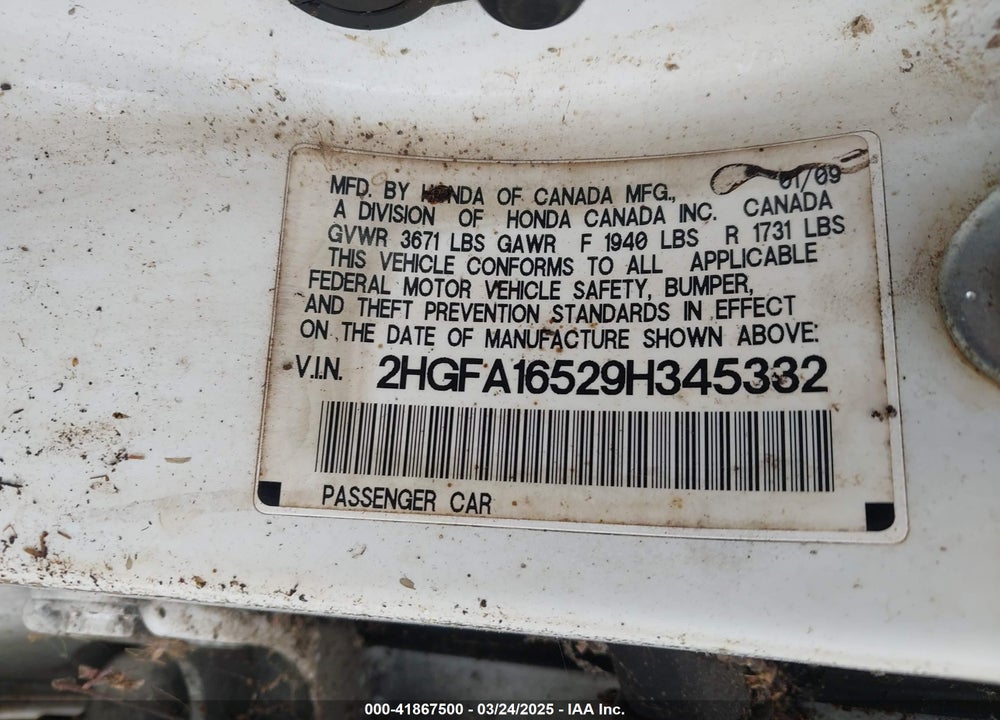 2009 HONDA CIVIC VIN: 2HGFA16529H345332