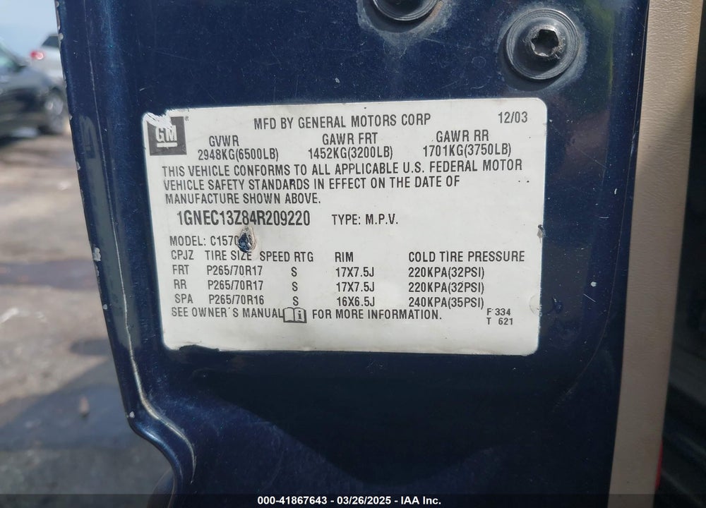 2004 CHEVROLET TAHOE LS VIN: 1GNEC13Z84R209220
