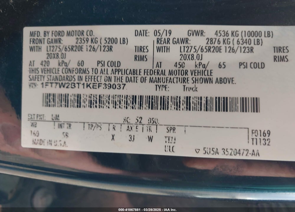 2019 FORD F-250 VIN: 1FT7W2BT1KEF39037