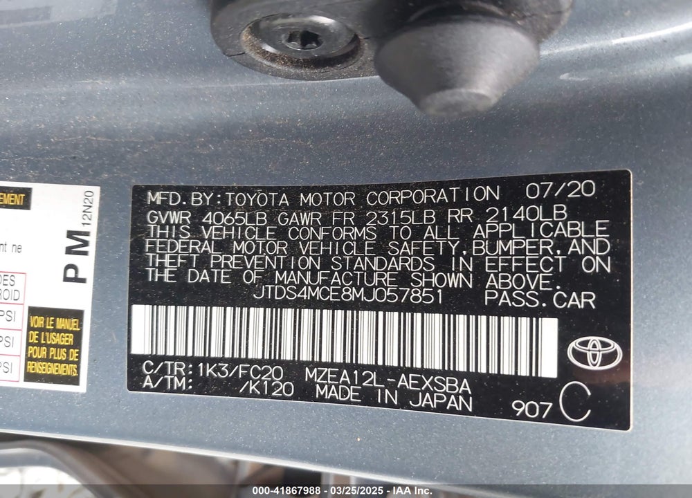 2021 TOYOTA COROLLA VIN: JTDS4MCE8MJ057851