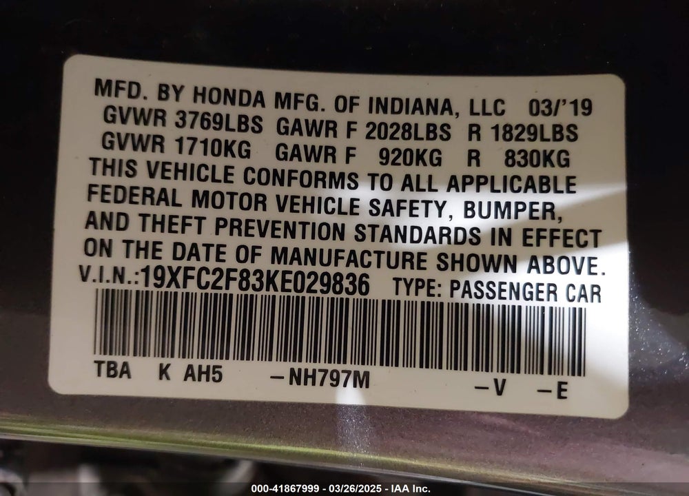 2019 HONDA CIVIC SPORT VIN: 19XFC2F83KE029836