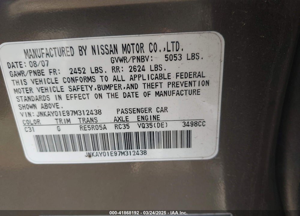 2007 INFINITI M35 VIN: JNKAY01E97M312438