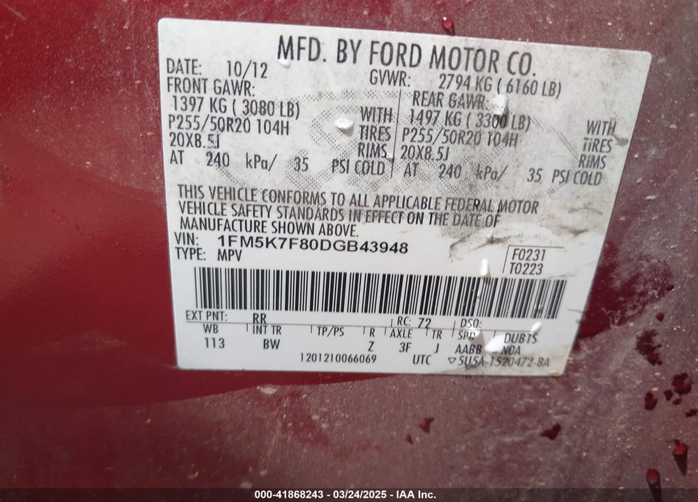 2013 FORD EXPLORER LIMITED VIN: 1FM5K7F80DGB43948
