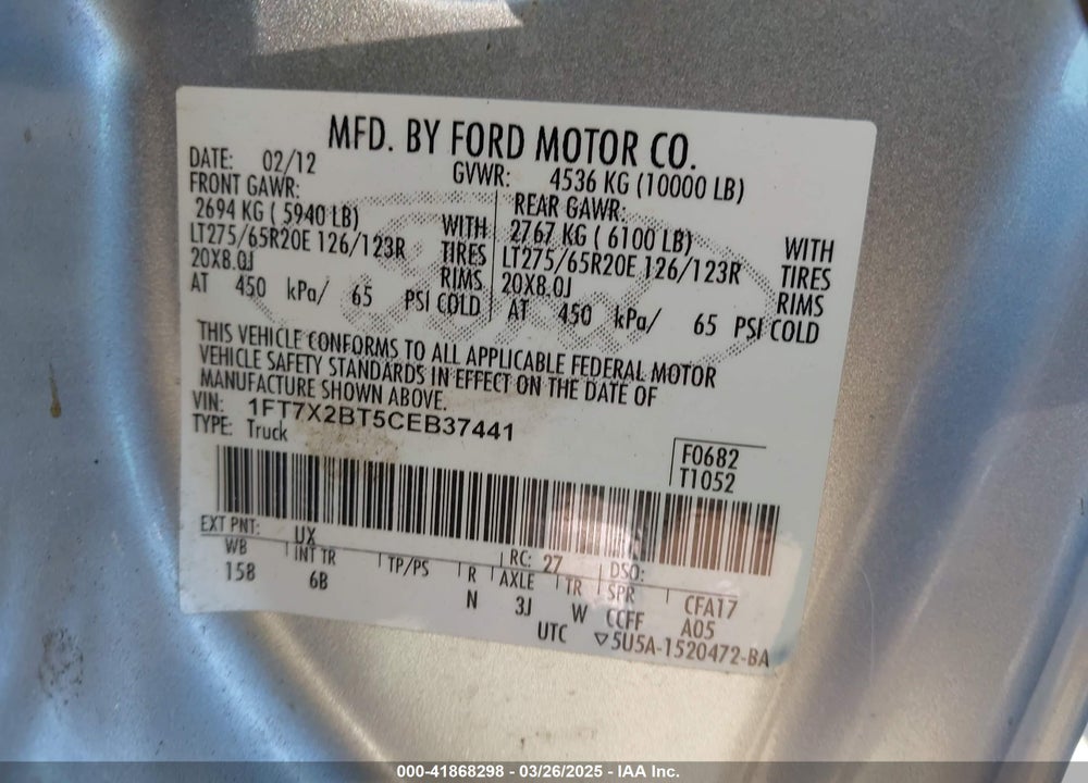 2012 FORD F-250 LARIAT VIN: 1FT7X2BT5CEB37441