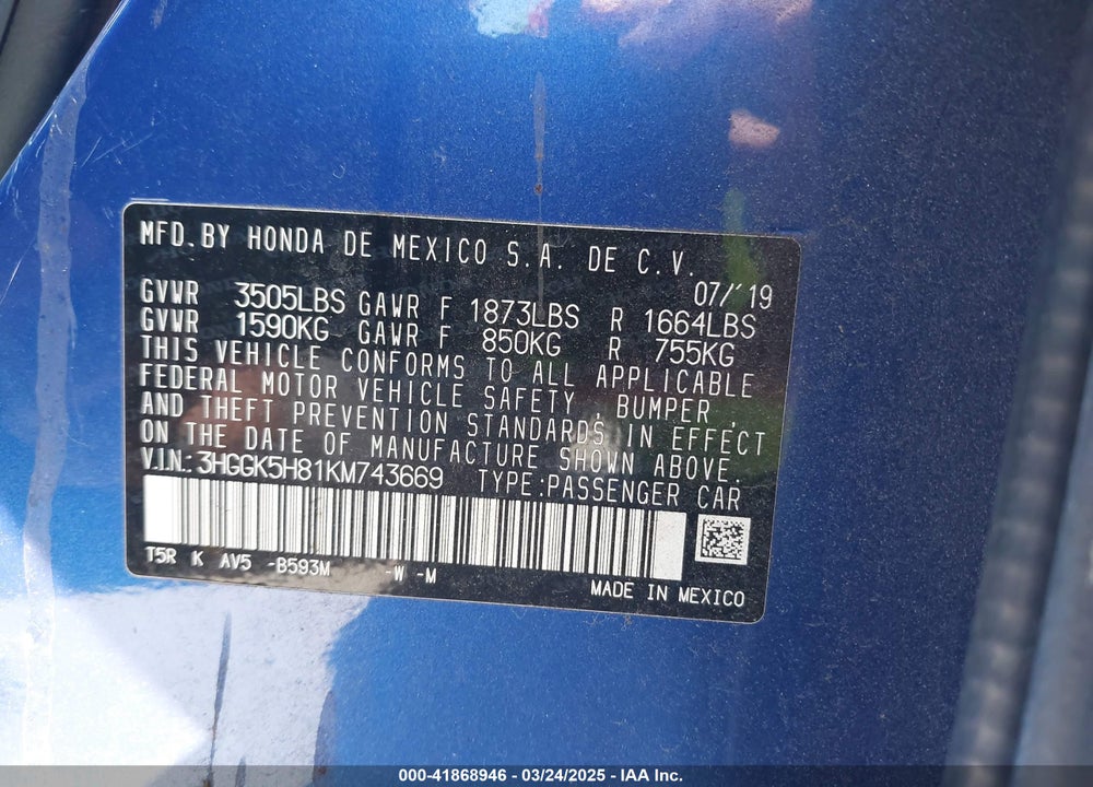 2019 HONDA FIT EX VIN: 3HGGK5H81KM743669