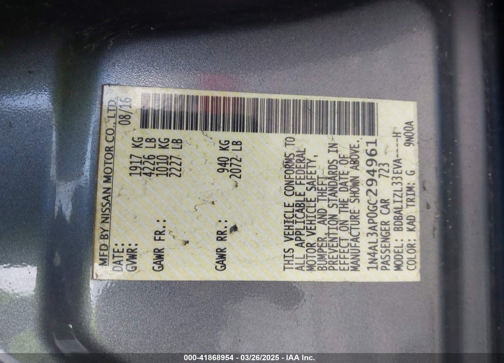 2016 NISSAN ALTIMA VIN: 1N4AL3AP0GC294961