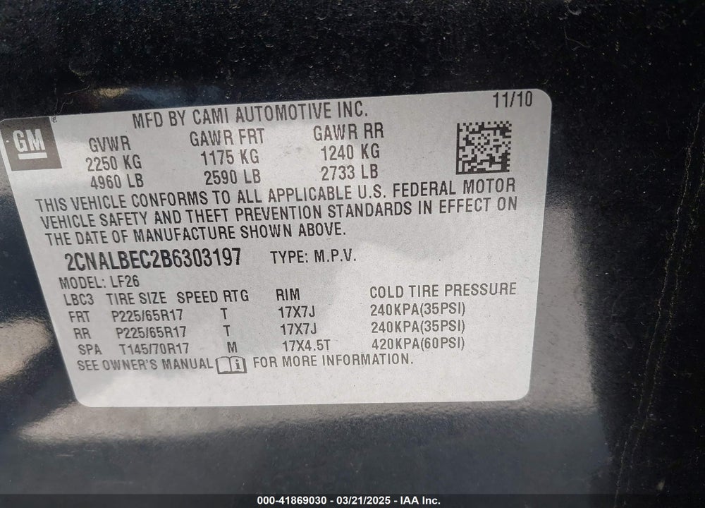 2011 CHEVROLET EQUINOX VIN: 2CNALBEC2B6303197