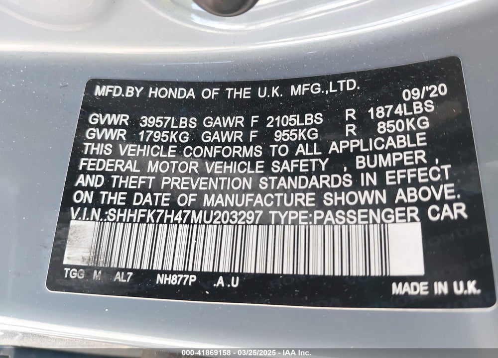 2021 HONDA CIVIC SPORT VIN: SHHFK7H47MU203297
