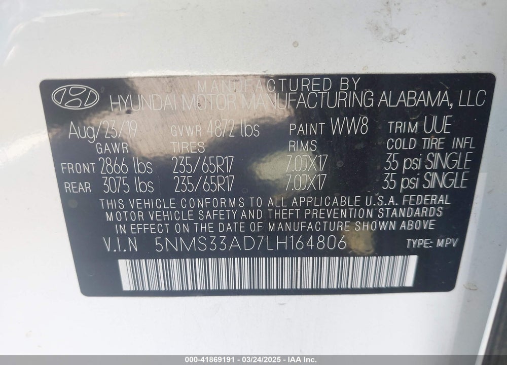 2020 HYUNDAI SANTA FE VIN: 5NMS33AD7LH164806