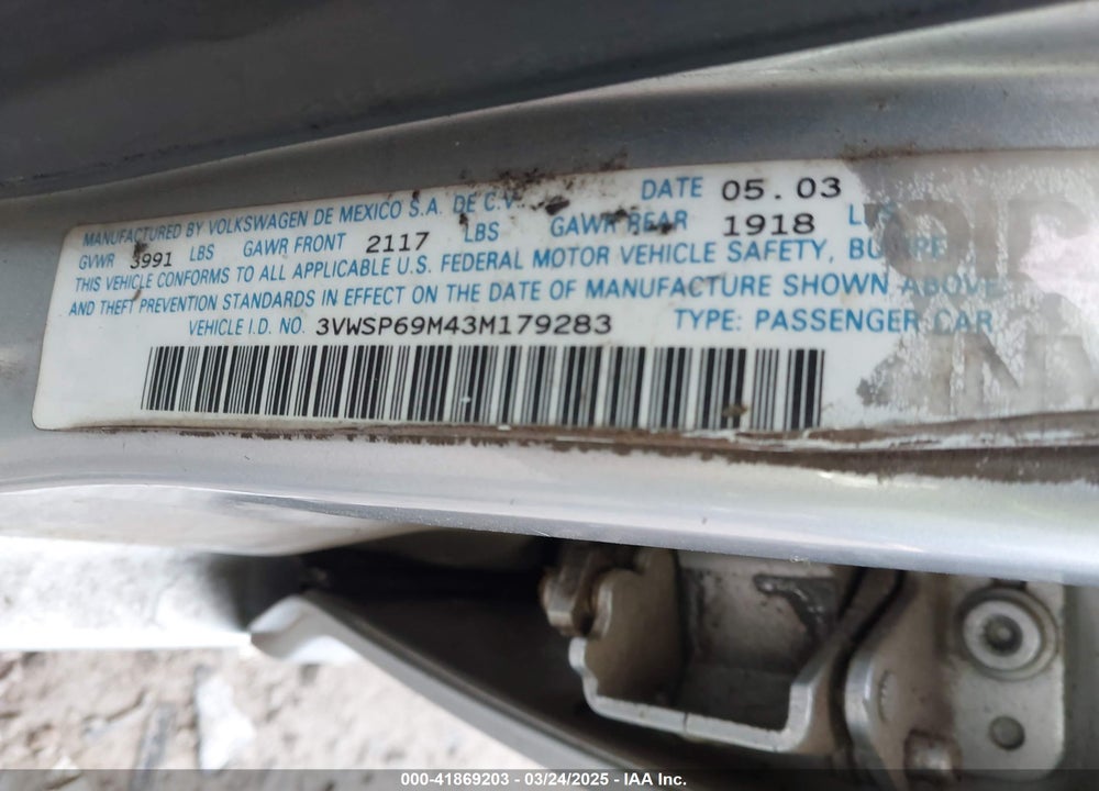 2003 VOLKSWAGEN JETTA GLS TDI VIN: 3VWSP69M43M179283