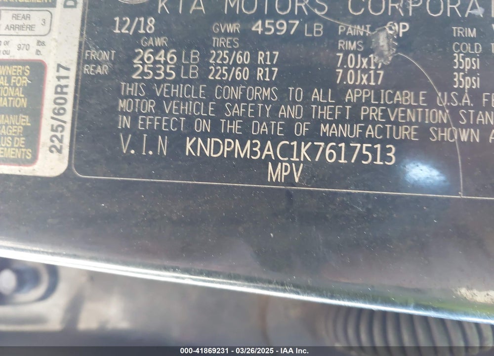 2019 KIA SPORTAGE VIN: KNDPM3AC1K7617513