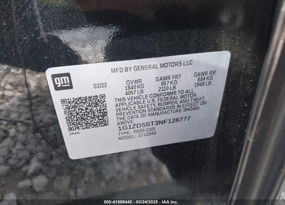 2022 CHEVROLET MALIBU FWD LT VIN: 1G1ZD5ST3NF128777