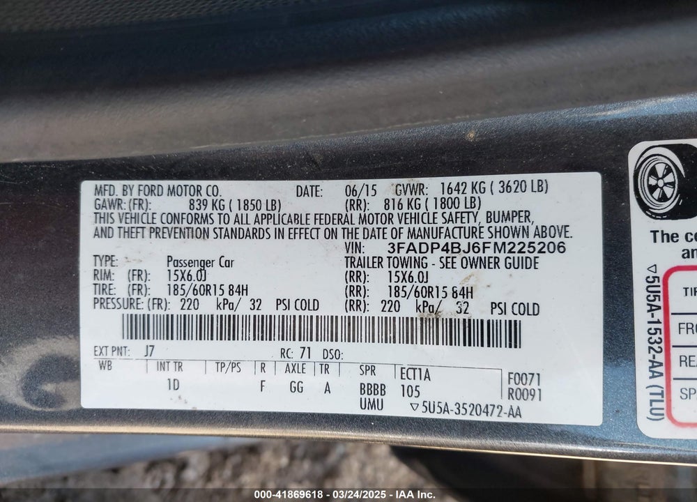 2015 FORD FIESTA SE VIN: 3FADP4BJ6FM225206