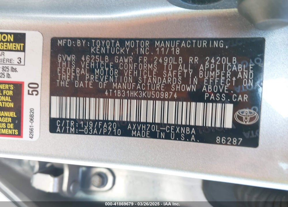 2019 TOYOTA CAMRY HYBRID VIN: 4T1B31HK3KU509874