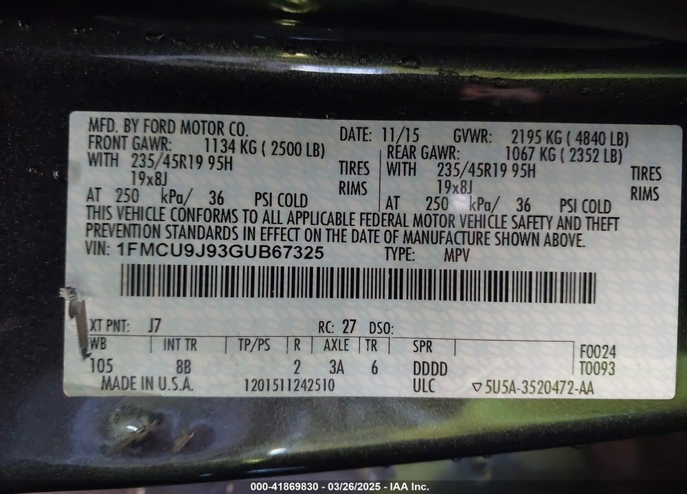2016 FORD ESCAPE TITANIUM VIN: 1FMCU9J93GUB67325