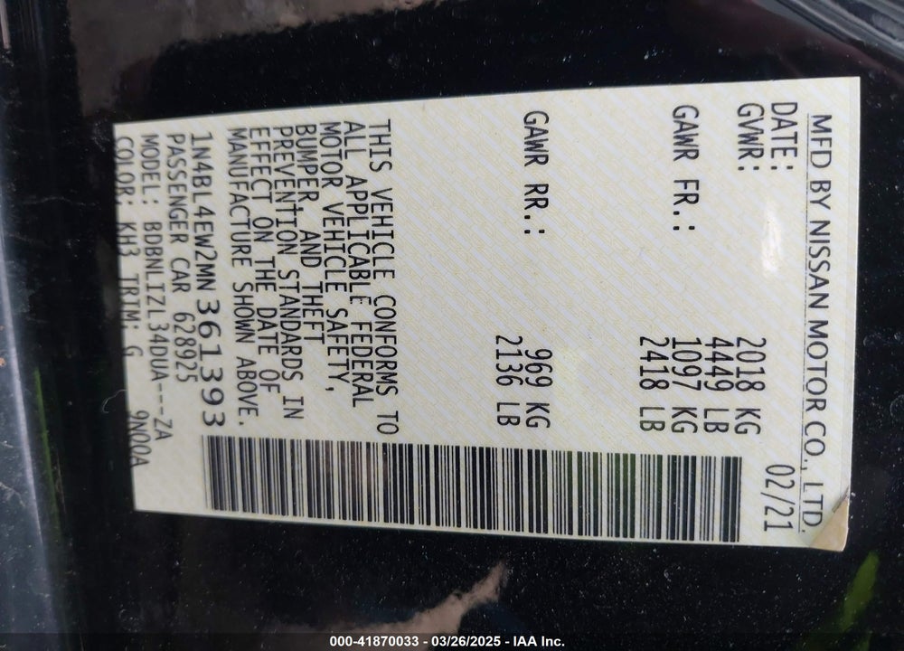 2021 NISSAN ALTIMA VIN: 1N4BL4EW2MN361393