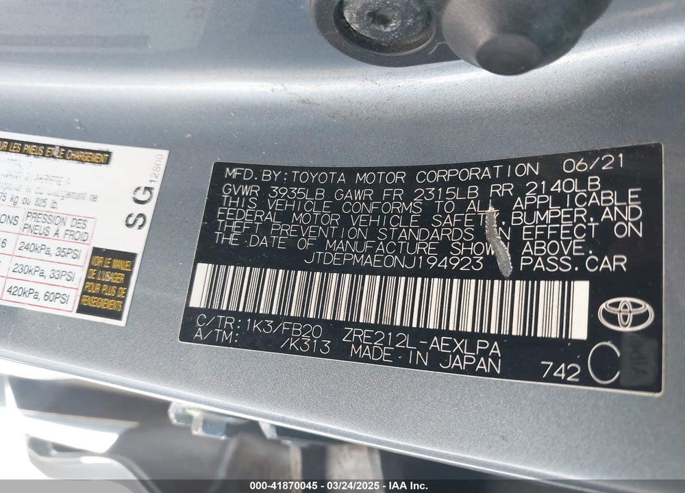 2022 TOYOTA COROLLA VIN: JTDEPMAE0NJ194923