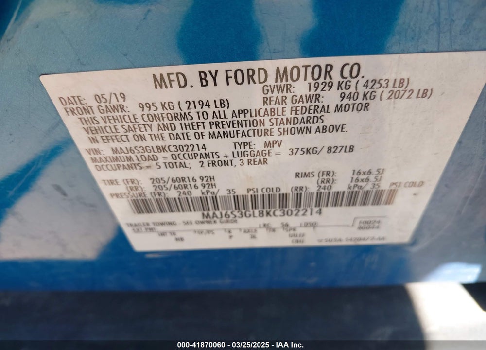 2019 FORD ECOSPORT SE VIN: MAJ6S3GL8KC302214