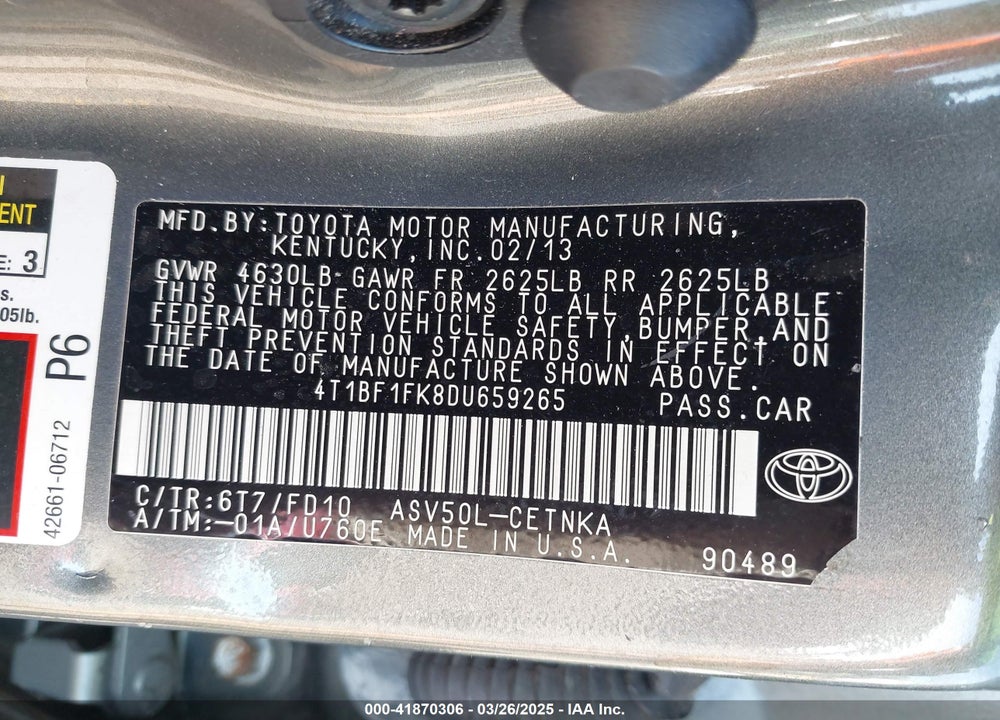 2013 TOYOTA CAMRY LE VIN: 4T1BF1FK8DU659265