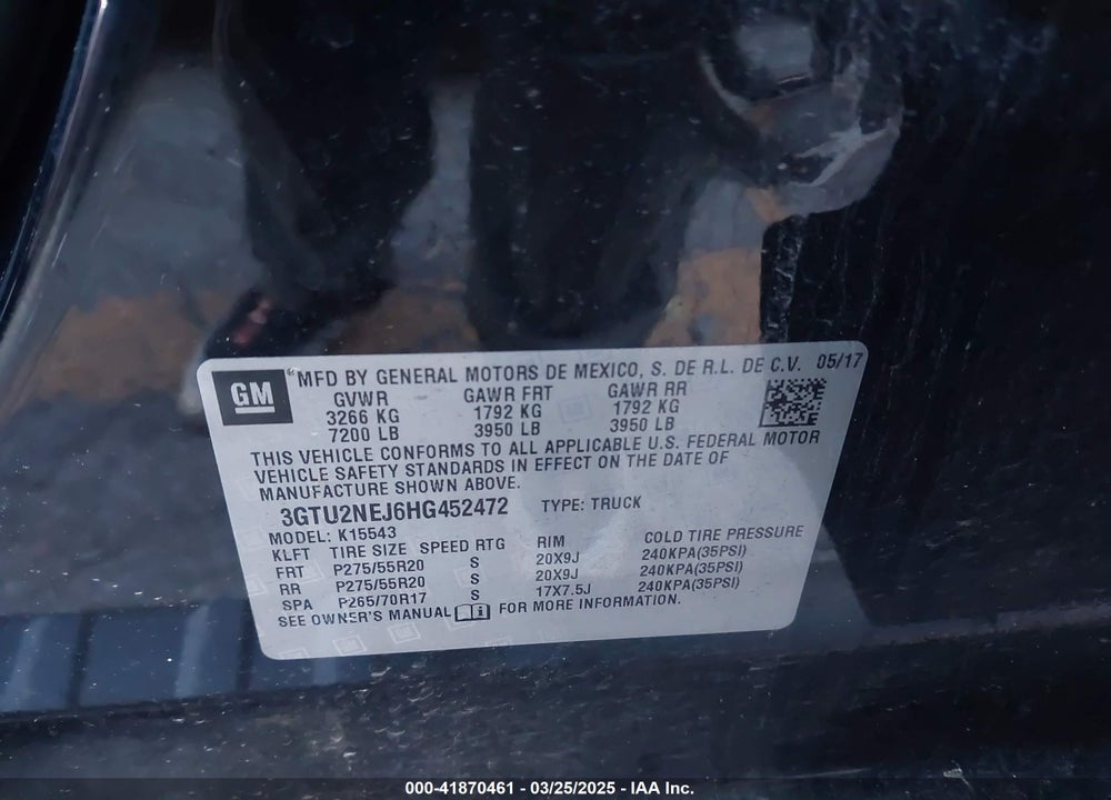 2017 GMC SIERRA VIN: 3GTU2NEJ6HG452472