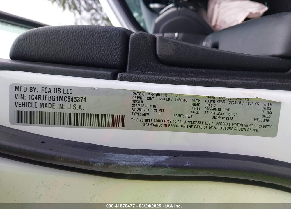 2021 JEEP GRAND CHEROKEE VIN: 1C4RJFBG1MC645374