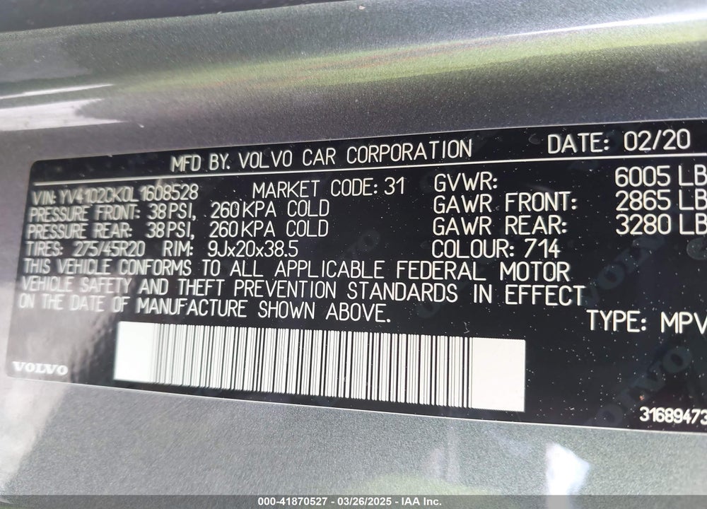 2020 VOLVO XC90 VIN: YV4102CK0L1608528