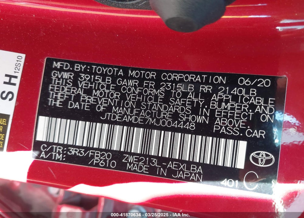 2021 TOYOTA COROLLA VIN: JTDEAMDE7MJ004448