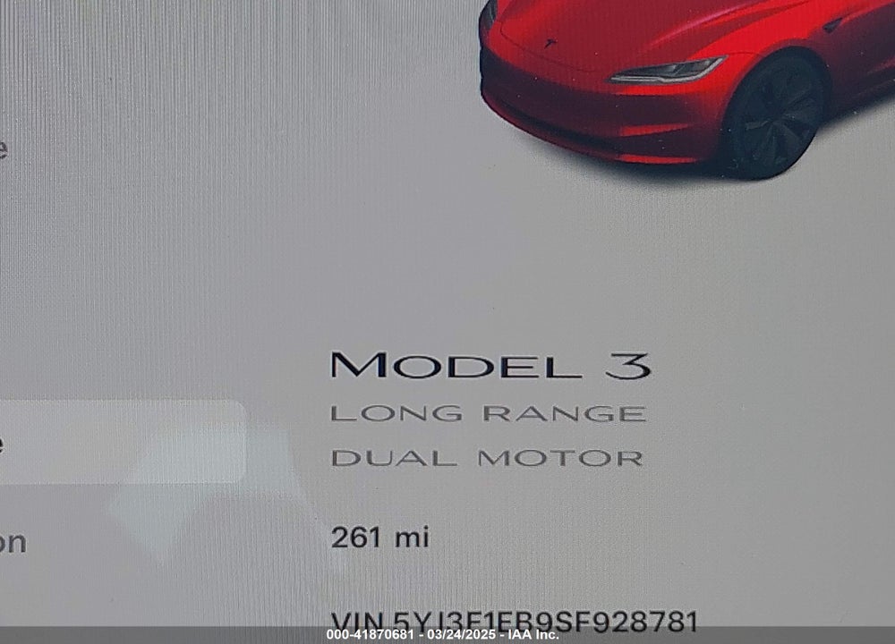 2025 TESLA MODEL 3 VIN: 5YJ3E1EB9SF928781