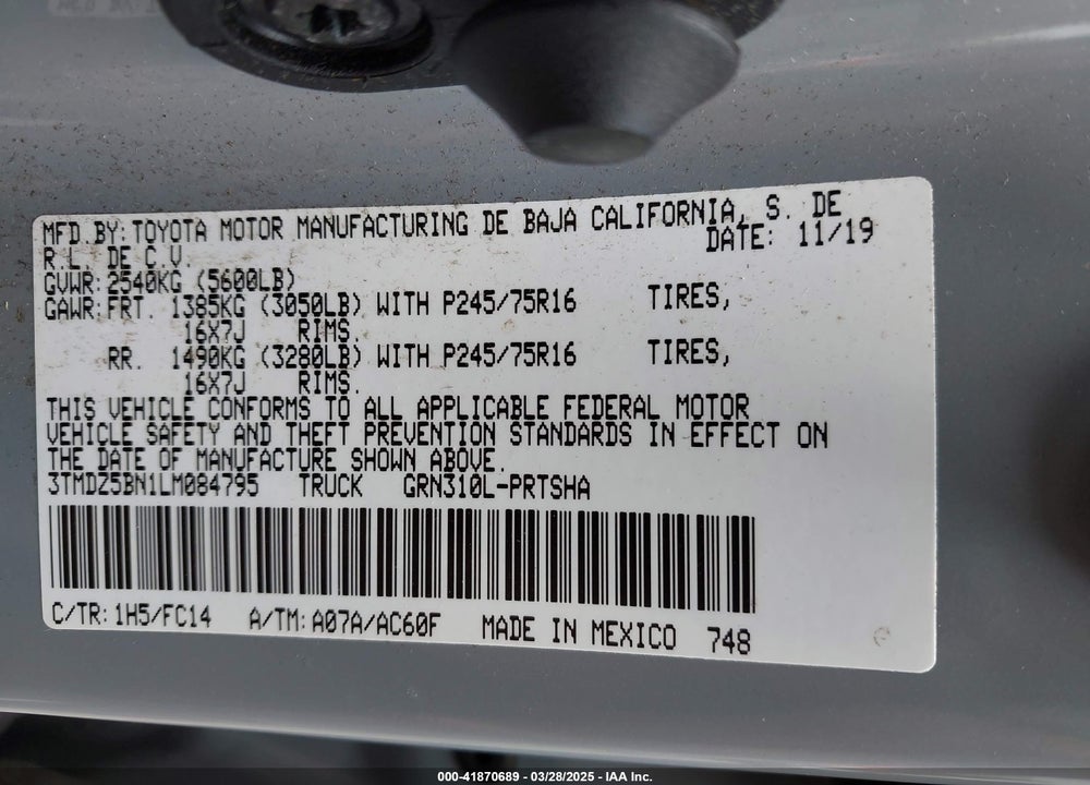 2020 TOYOTA TACOMA VIN: 3TMDZ5BN1LM084795